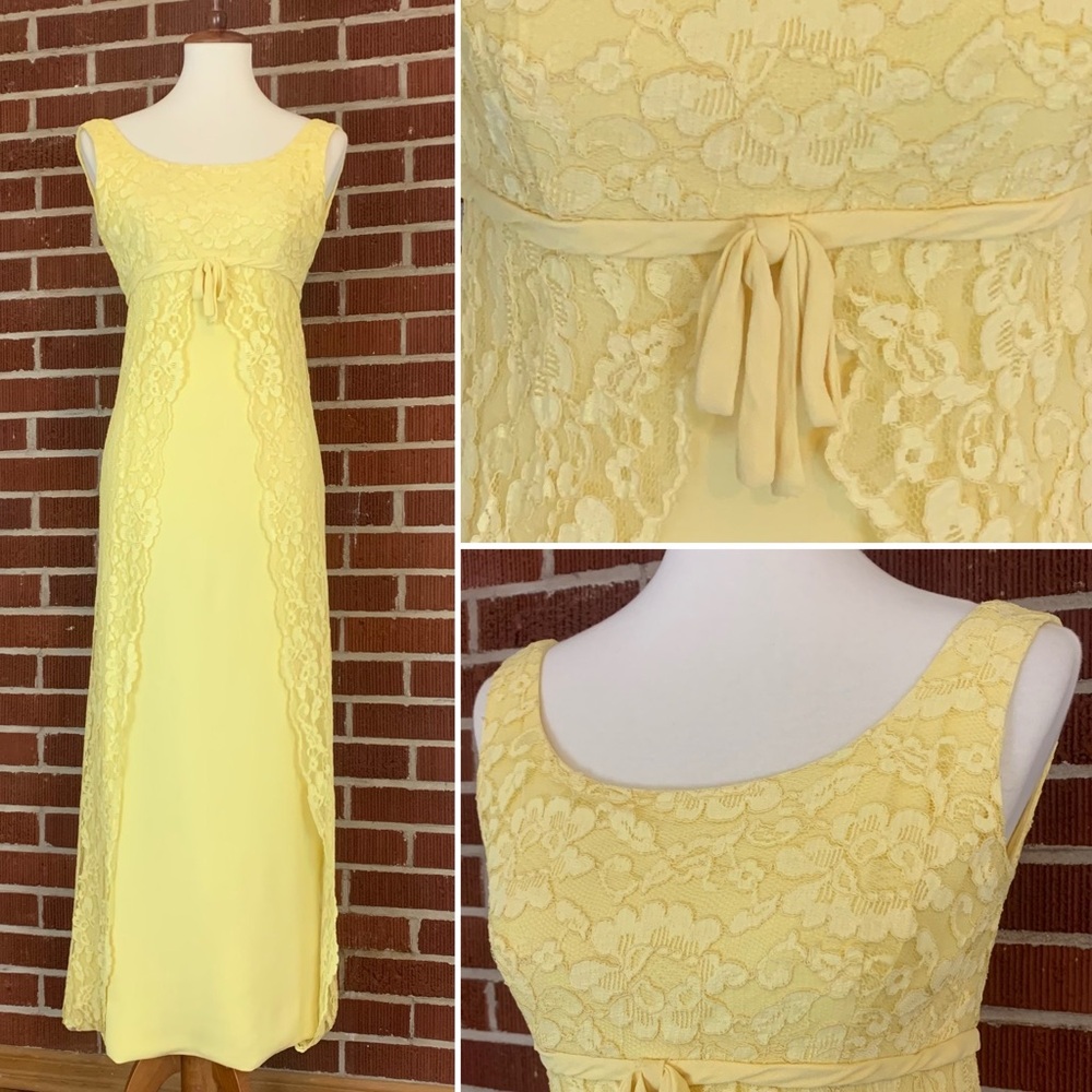 Beautiful Soft Yellow 1960s Palm Royal Evening Dress with Bow and Lace